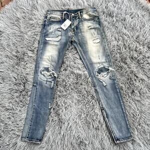 MNML Men's M1 Repaired Denim Blue Ankle Zipper Skinny Jeans Button Fly Mens 32